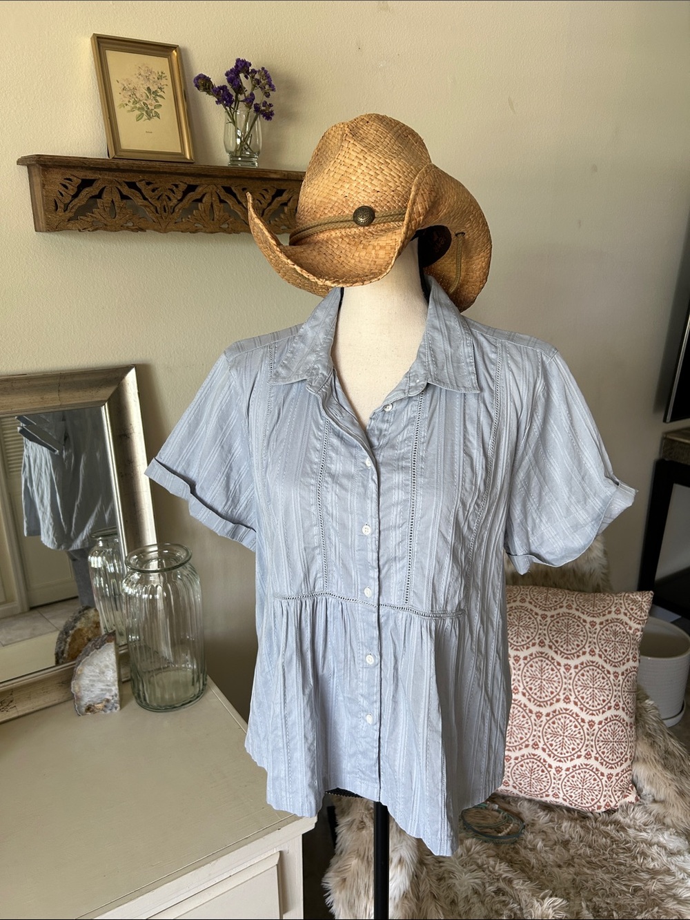 Lucky brand light Ice blue button down cottage boho Western Prairie shirt L